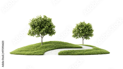 Scenic landscape with two lush green trees on grassy hills and a winding pathway under a clear sky photo