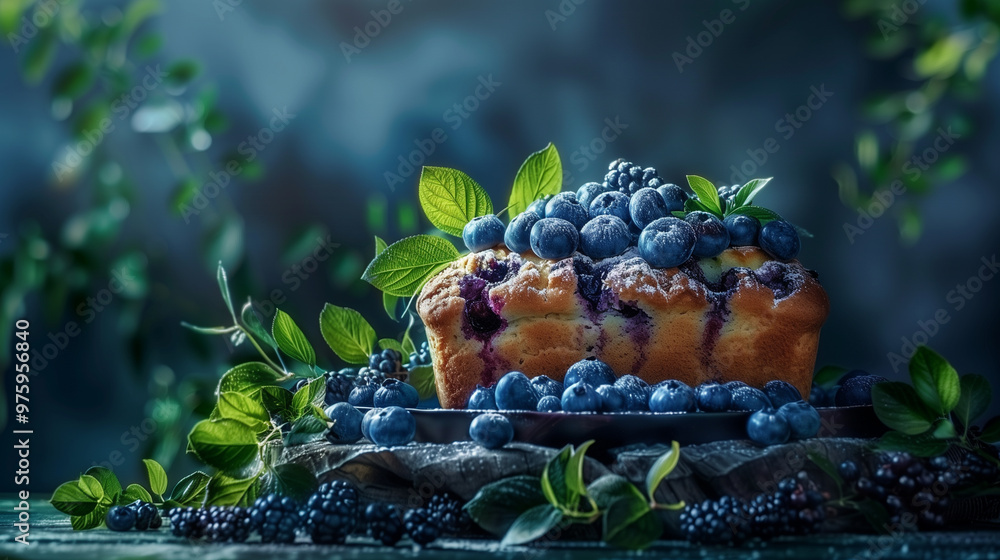 A delicious blueberry loaf cake garnished with fresh blueberries and green leaves, beautifully presented on rustic plate. A delicious blueberry loaf cake garnished with fresh blueberries and green leaves, beautifully presented on rustic plate.