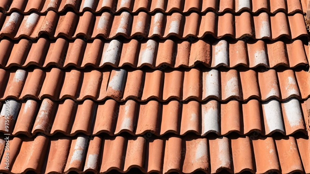 Close-up of red clay roof tiles with a wavy pattern. Close-up of red clay roof tiles with a wavy pattern.