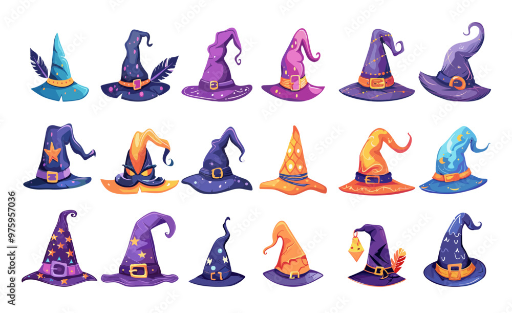 Mystic witch hats cartoon vector collection. Cone feather band stars enchanter headgear casting spell vintage headwear accessories isolated on white background