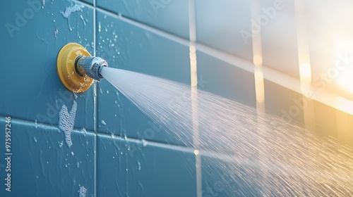 Powerful jet of water cutting through filth on a wall, cleaning in real-time, water droplets in motion, freshly cleaned areas glistening photo