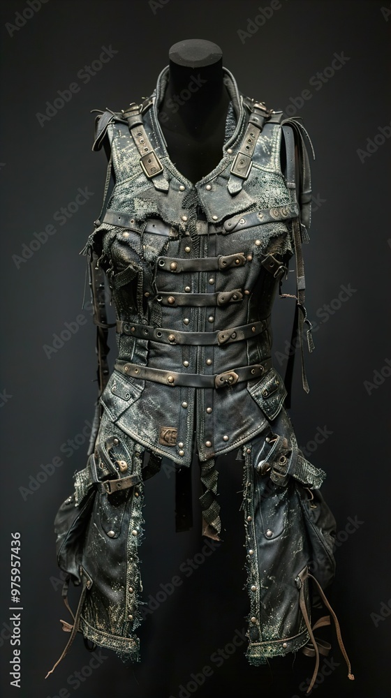 A blue, leather, distressed, post-apocalyptic style vest with straps and buckles, worn over a black shirt, displayed on a mannequin against a dark background. A blue, leather, distressed, post-apocalyptic style vest with straps and buckles, worn over a black shirt, displayed on a mannequin against a dark background.