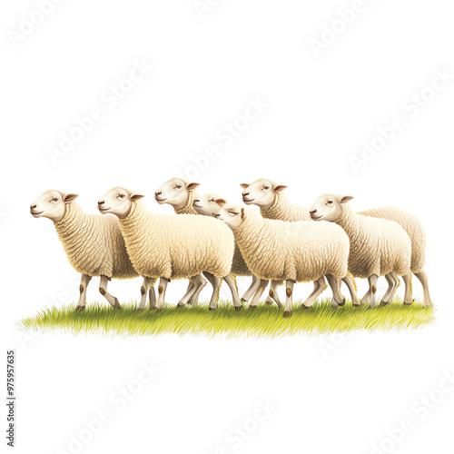 a flock of sheep standing on a grassy field photo