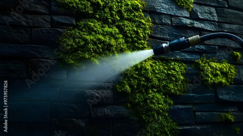 Pressure washer removing moss from an old stone wall, water spraying, moss breaking away, vibrant green contrasting with gray stone, captured in high detail, Realism, DSLR shot photo