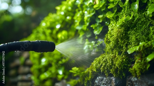 Pressure washer removing moss from an old stone wall, water spraying, moss breaking away, vibrant green contrasting with gray stone, captured in high detail, Realism, DSLR shot photo