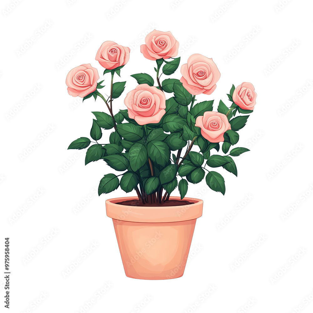 Beautiful potted rose plant with blooming pink roses and lush green leaves Beautiful potted rose plant with blooming pink roses and lush green leaves