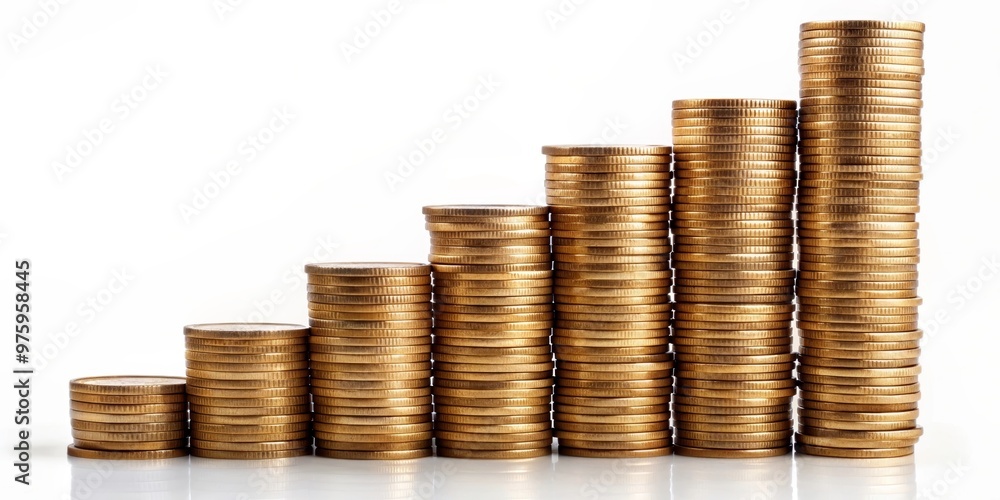 Growing columns of coins on a white background. Investments, financial markets Growing columns of coins on a white background. Investments, financial markets