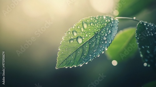 A serene image of a dewy leaf on a misty morning, with the droplets reflecting soft, diffused light and adding a touch of tranquility to the scene. photo