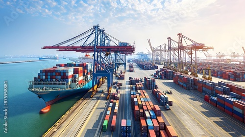 A large container ship is docked at a busy port, with cranes loading and unloading cargo containers.