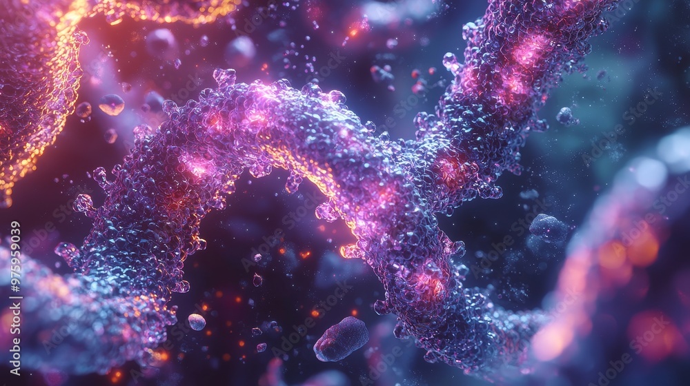 Fototapeta premium Detailed 3D Illustration of Disease-Associated Genetic Material under Microscope: Research, DNA Strands, Cellular Structures, Medicine, Health.