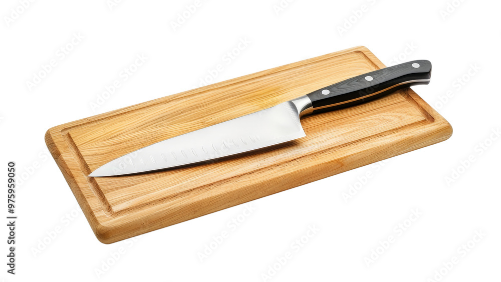 Elegant stainless steel chef's knife and cutting board, isolated on a white background Elegant stainless steel chef's knife and cutting board, isolated on a white background