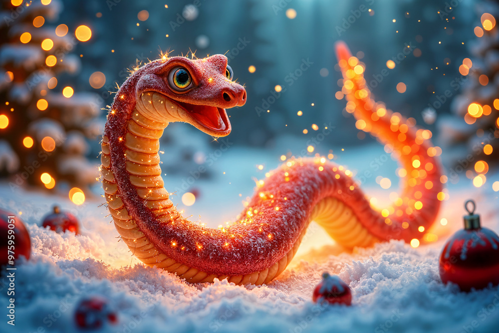 Vibrant, cartoonish red snake with a wide smile, sitting amidst a snowy landscape adorned with Christmas ornaments and trees. Vibrant, cartoonish red snake with a wide smile, sitting amidst a snowy landscape adorned with Christmas ornaments and trees.