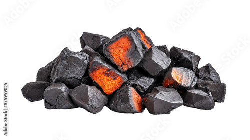 Heap of black coal chunks with glowing embers, ideal for energy and industrial-themed projects. photo