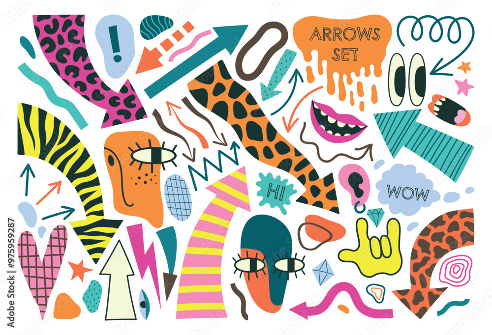 Psychedelic arrows big set. Arrows with animal skin and various abstract elements. Isolated vector illustration for your design Psychedelic arrows big set. Arrows with animal skin and various abstract elements. Isolated vector illustration for your design