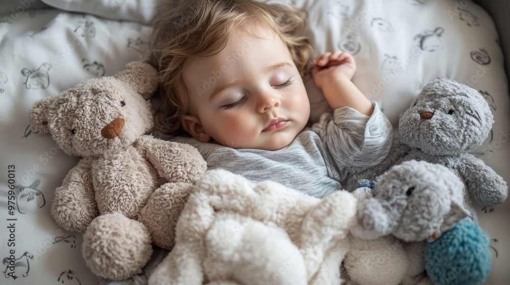 Adorable Baby Sleeping with Stuffed Animals in Bed Adorable Baby Sleeping with Stuffed Animals in Bed