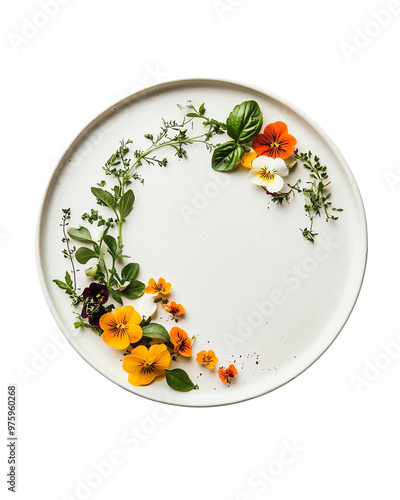 Elegant white plate decorated with vibrant edible flowers photo