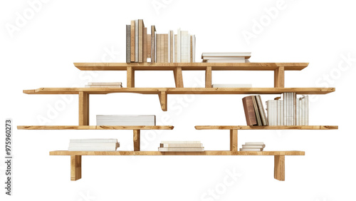 Minimalist wooden bookshelf with a few books, isolated on a white background