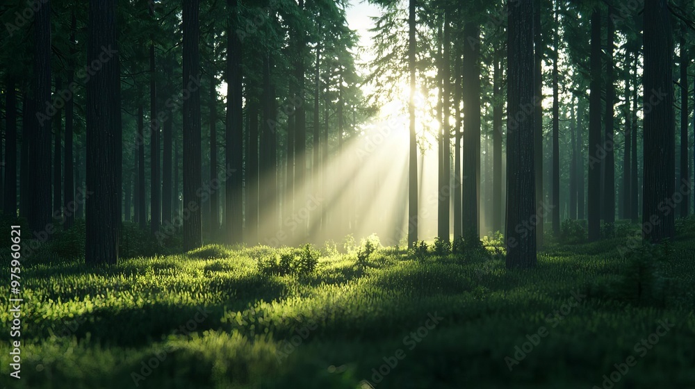 Fototapeta premium A serene forest landscape showcasing sunlight filtering through tall trees, creating a beautiful and tranquil atmosphere.