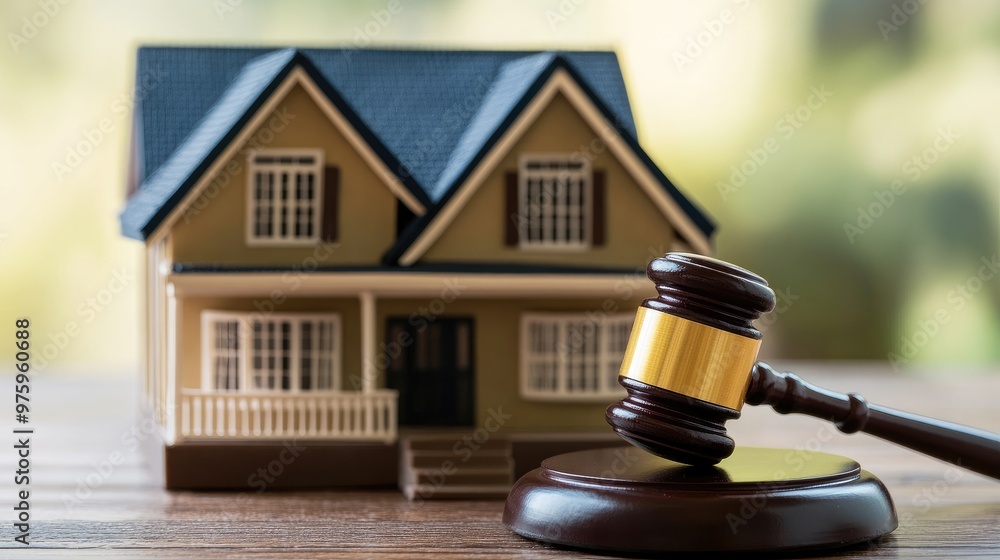 Gavel next to a house model, representing legal decisions in property and real estate law Gavel next to a house model, representing legal decisions in property and real estate law