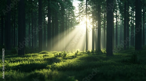 A serene forest landscape showcasing sunlight filtering through tall trees, creating a beautiful and tranquil atmosphere.