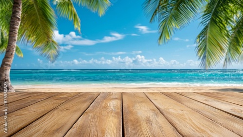 Tropical Beach with Wooden Plank Background