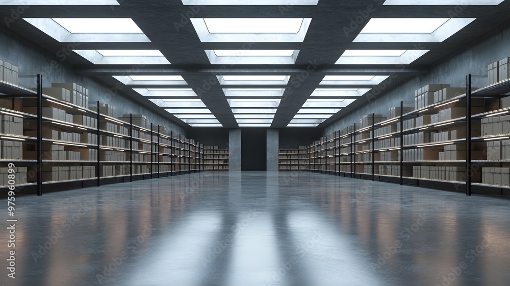 Empty warehouse with concrete floor, shelves and skylights. Empty warehouse with concrete floor, shelves and skylights.