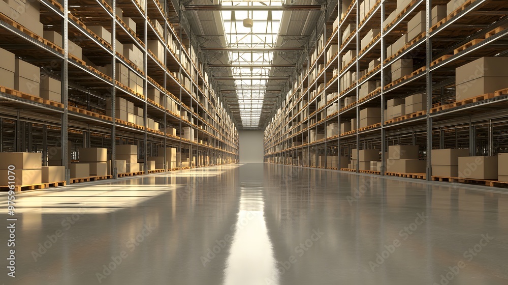 A wide shot of an empty warehouse with rows of shelves stocked with cardboard boxes. The shelves are metal and concrete floor. A wide shot of an empty warehouse with rows of shelves stocked with cardboard boxes. The shelves are metal and concrete floor.