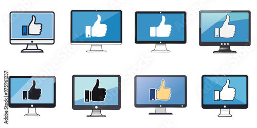 Thumbs up symbol on PC monitor, multiple illustrations, outlines