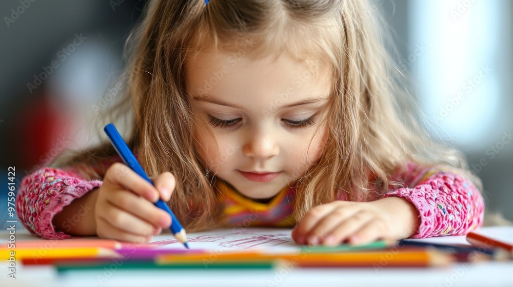 Little Girl Drawing with Colored Pencils Little Girl Drawing with Colored Pencils