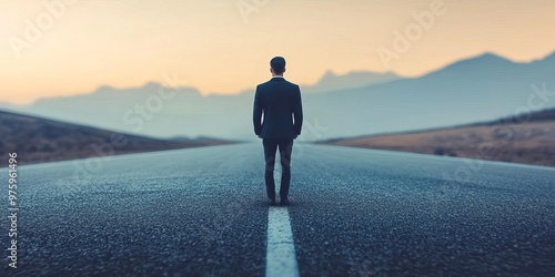 A solitary figure in a suit stands on an empty road, symbolizing journey, reflection, and determination against a serene backdrop.
