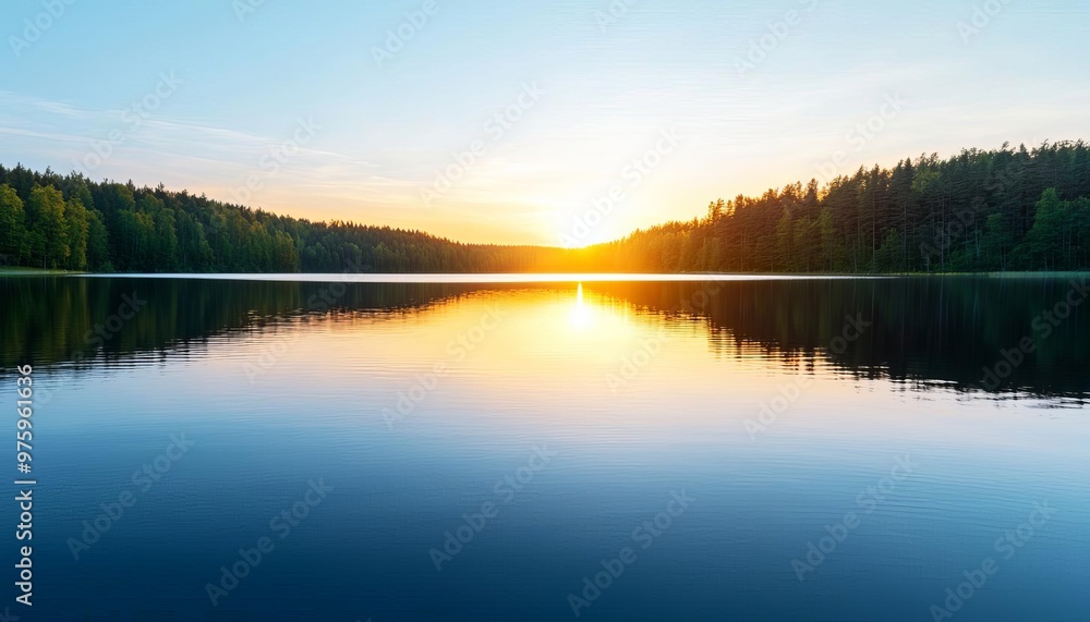 A serene sunset reflection over a calm lake surrounded by lush forests, creating a peaceful and tranquil atmosphere.