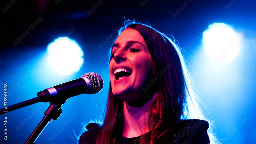 inspired woman with long hair sings into microphone while standing on stage illuminated by spotlight inspired woman with long hair sings into microphone while standing on stage illuminated by spotlight