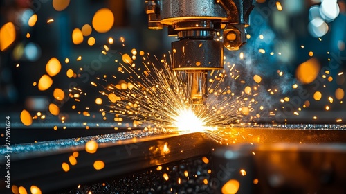 Close-up of a CNC Machine Cutting Metal with Sparks Flying