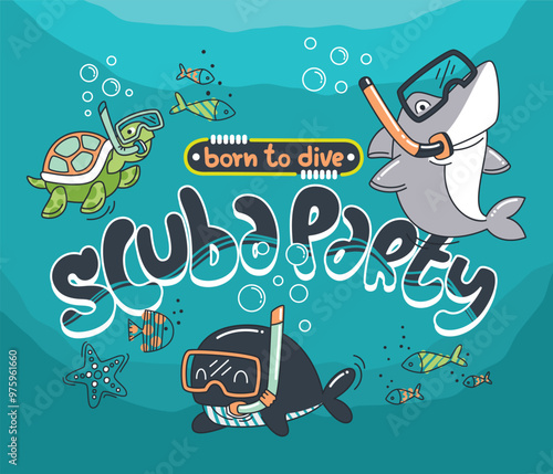 Scuba party slogan with cartoon shark and whale and turtle snorkeling in the sea vector illustration, Flat cartoon style.