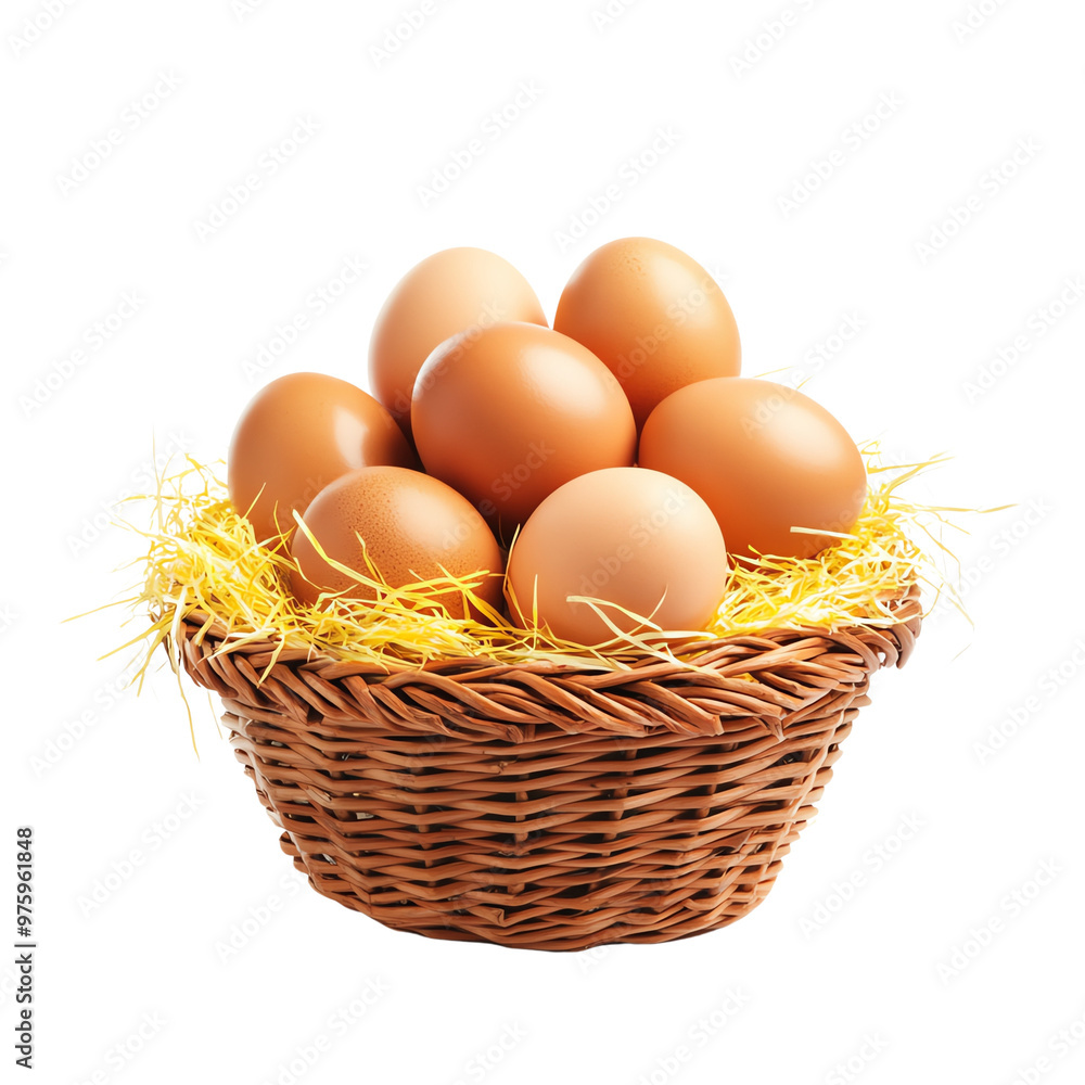 Basket filled with brown eggs on yellow hay Basket filled with brown eggs on yellow hay