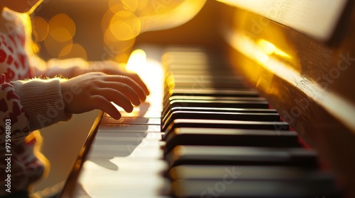 Child s Hand on Piano Keys in Golden Light photo