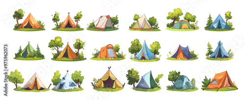 Outdoor tents cartoon vector set. Camps shelters awnings underbrush lush ropes cords summertime hiking open air trips eco journeys equipment isolated on white background