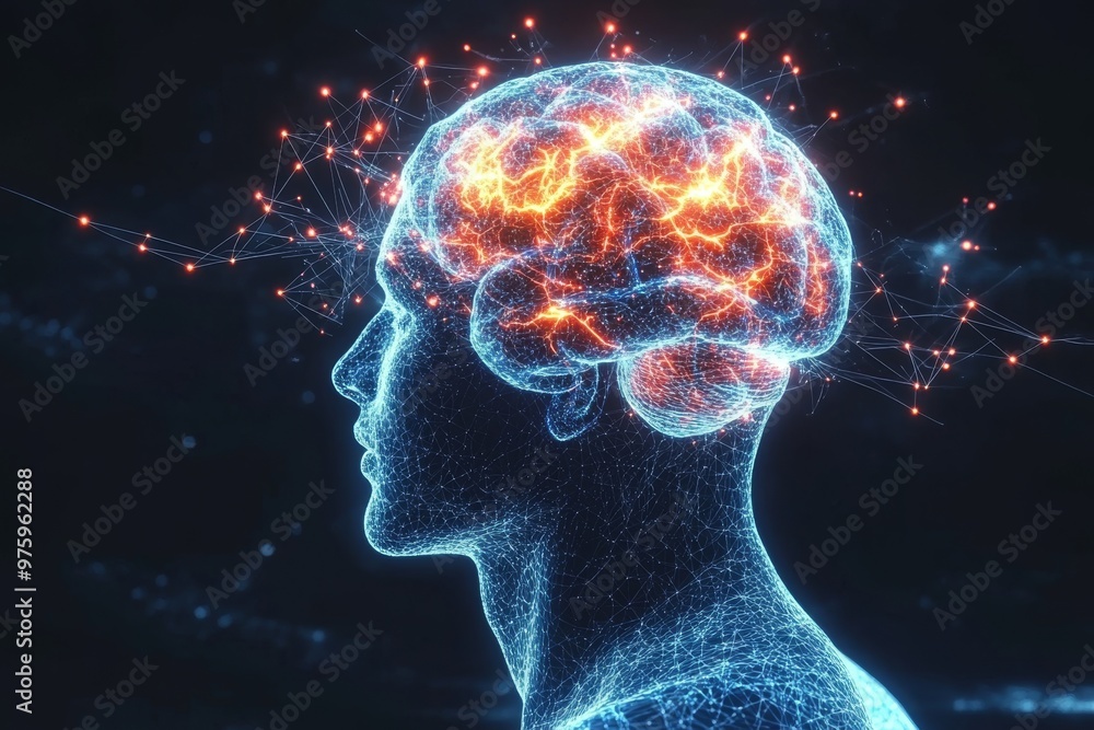 Glowing human brain surrounded by energy lines symbolizing intelligence creativity and the power of the mind in a digital landscape Glowing human brain surrounded by energy lines symbolizing intelligence creativity and the power of the mind in a digital landscape