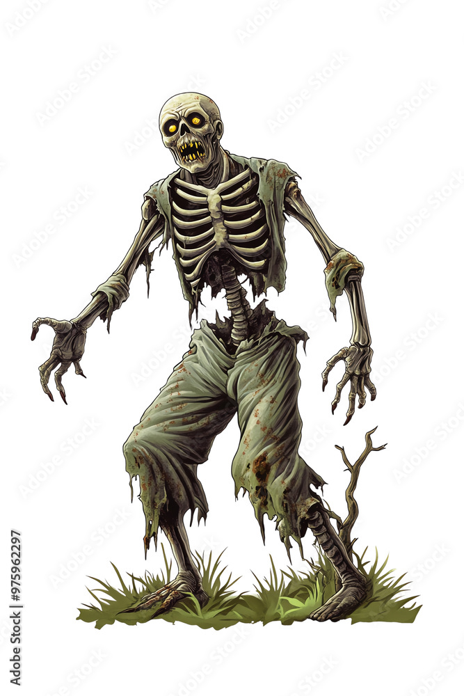Creepy skeleton zombie emerging from the ground in tattered clothes Creepy skeleton zombie emerging from the ground in tattered clothes