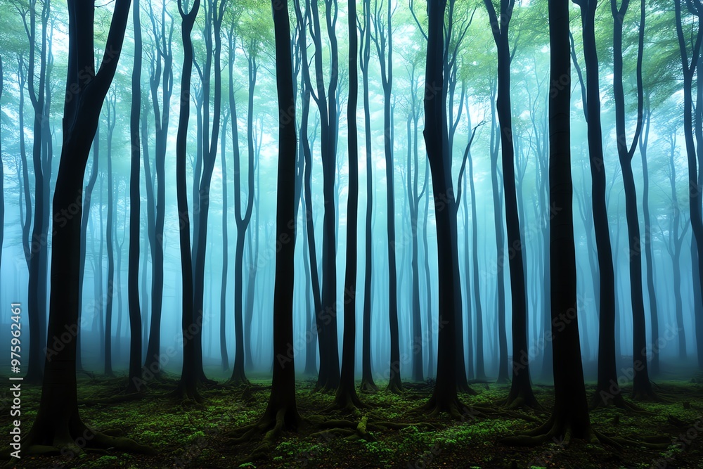 Obraz premium A foggy forest, where the trees fade into the background, creating an eerie and atmospheric landscape