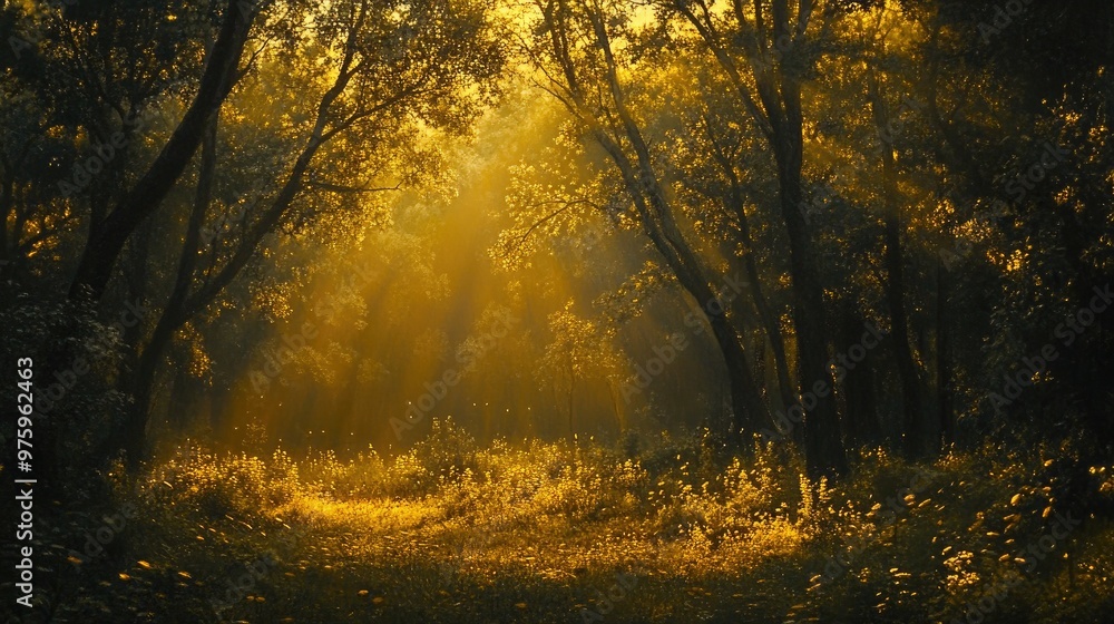 Fototapeta premium Golden sunlight filters through dense trees, bathing a tranquil forest in warm light, capturing the essence of nature beauty