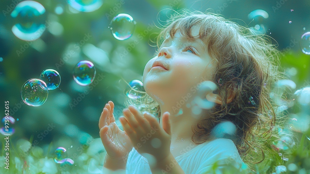 Little Girl Gazing at Bubbles in the Garden Little Girl Gazing at Bubbles in the Garden