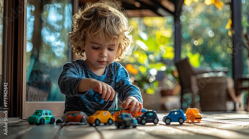 Child playing with toy cars on wooden floor