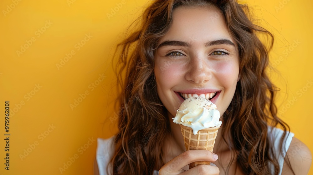 Woman with Brown Hair Smiling and Enjoying Ice Cream Woman with Brown Hair Smiling and Enjoying Ice Cream