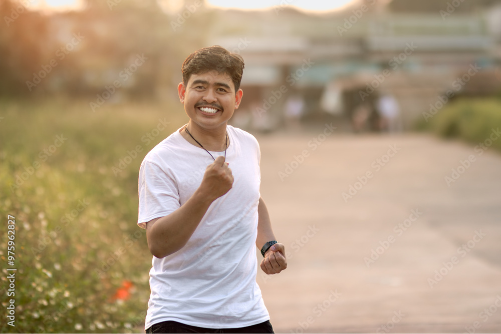 a man who stood and smiled goofily. The man acted like he was running. set in nature on a sunny afternoon.