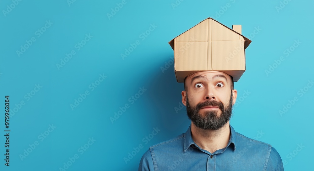 Man with a house model on his head, representing creative thinking and homeownership dreams, set against a bright blue background, playful and humorous concept, copy space, selective focus
Man with a house model on his head, representing creative thinking and homeownership dreams, set against a bright blue background, playful and humorous concept, copy space, selective focus