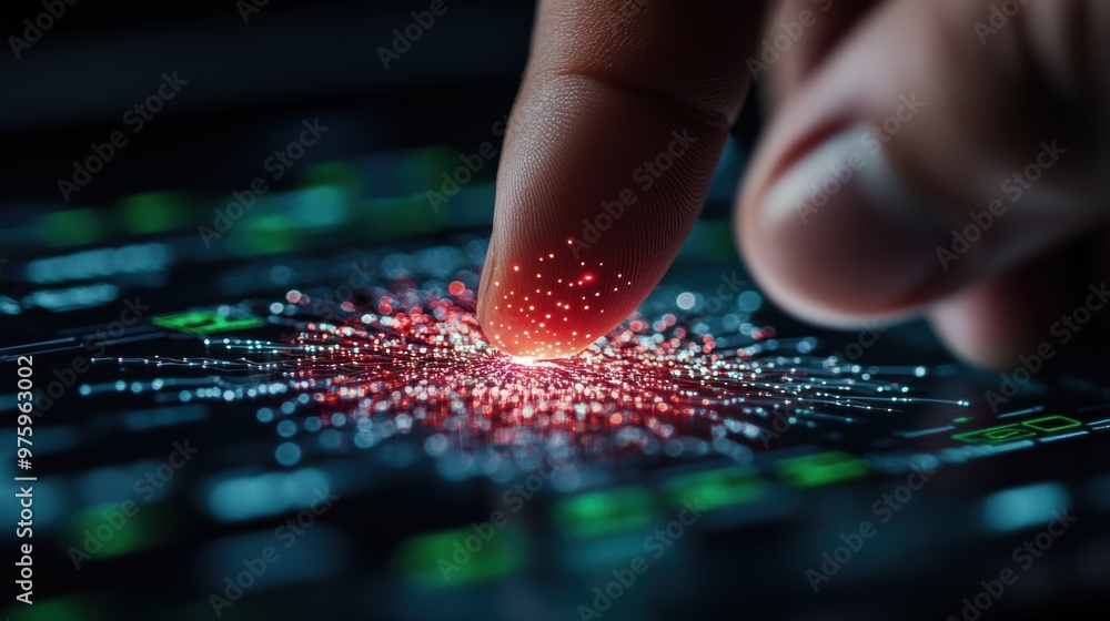 A detailed close-up of a hand gently touching a glowing digital touchscreen, symbolizing the fusion of technology, innovation, and seamless user interaction in a modern digital setting. A detailed close-up of a hand gently touching a glowing digital touchscreen, symbolizing the fusion of technology, innovation, and seamless user interaction in a modern digital setting.