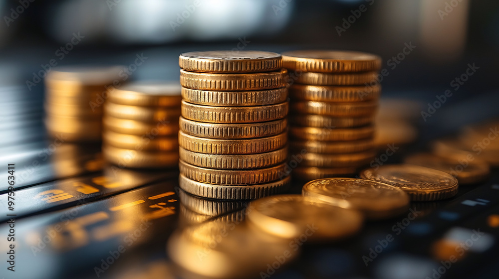Golden Coins Stacked on Black Surface Finance and Investment Concept Golden Coins Stacked on Black Surface Finance and Investment Concept