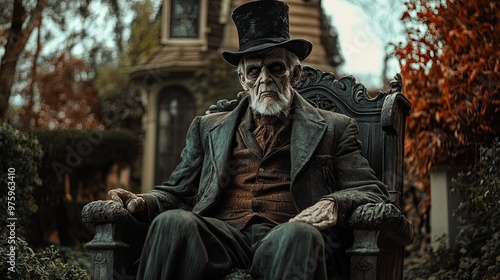 Scary man sitting outside of house. photo