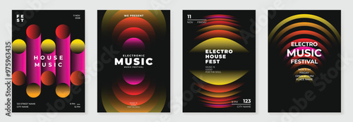 Music poster design background vector set. Electro Sound Cover template with vibrant abstract gradient geometric shape. Ideal design for social media, flyer, party, music festival, club.